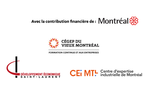 Logos des partenaires : Cégep du Vieux Montréal, Développement économique St-Laurent et le Centre d’expertise industrielle de Montréal, avec la contribution financière de la ville de Montréal